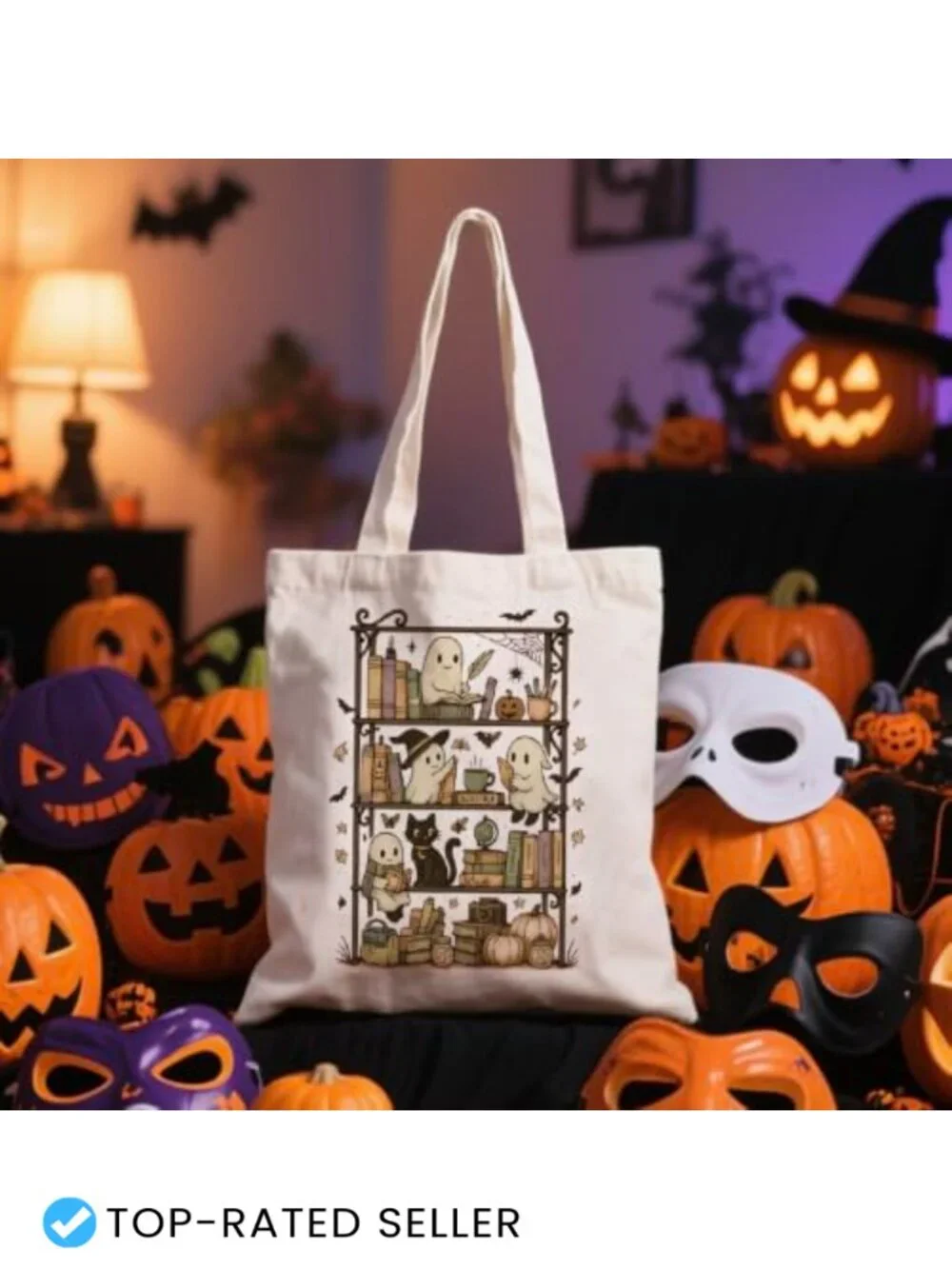 Halloween Book Lover Canvas Tote Bag Bookish Gift for Readers Black Cat Pumpkin